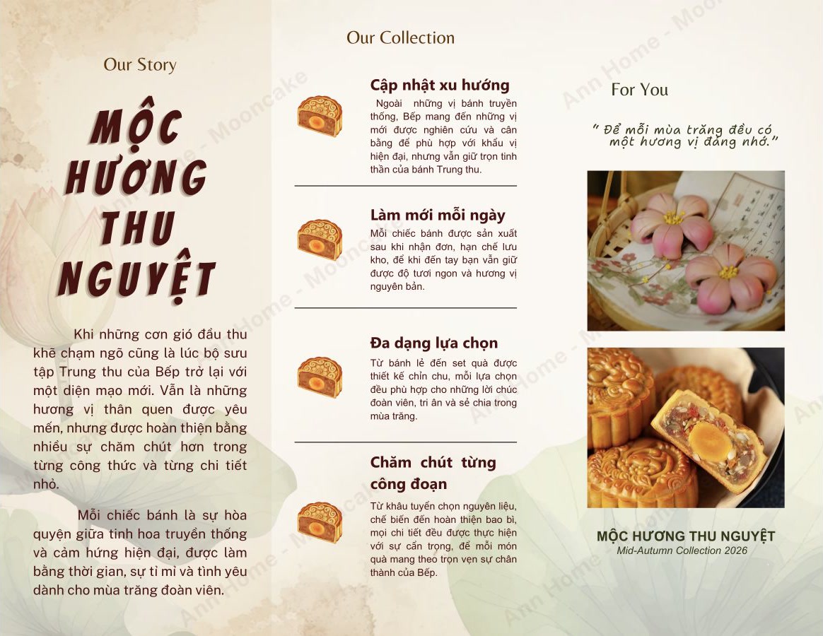 Our Story Mộc Hương Thu Nguyệt: cập nhật xu hướng, làm mới mỗi ngày, đa dạng lựa chọn, chăm chút từng công đoạn. Để mỗi mùa trăng đều có một hương vị đáng nhớ.