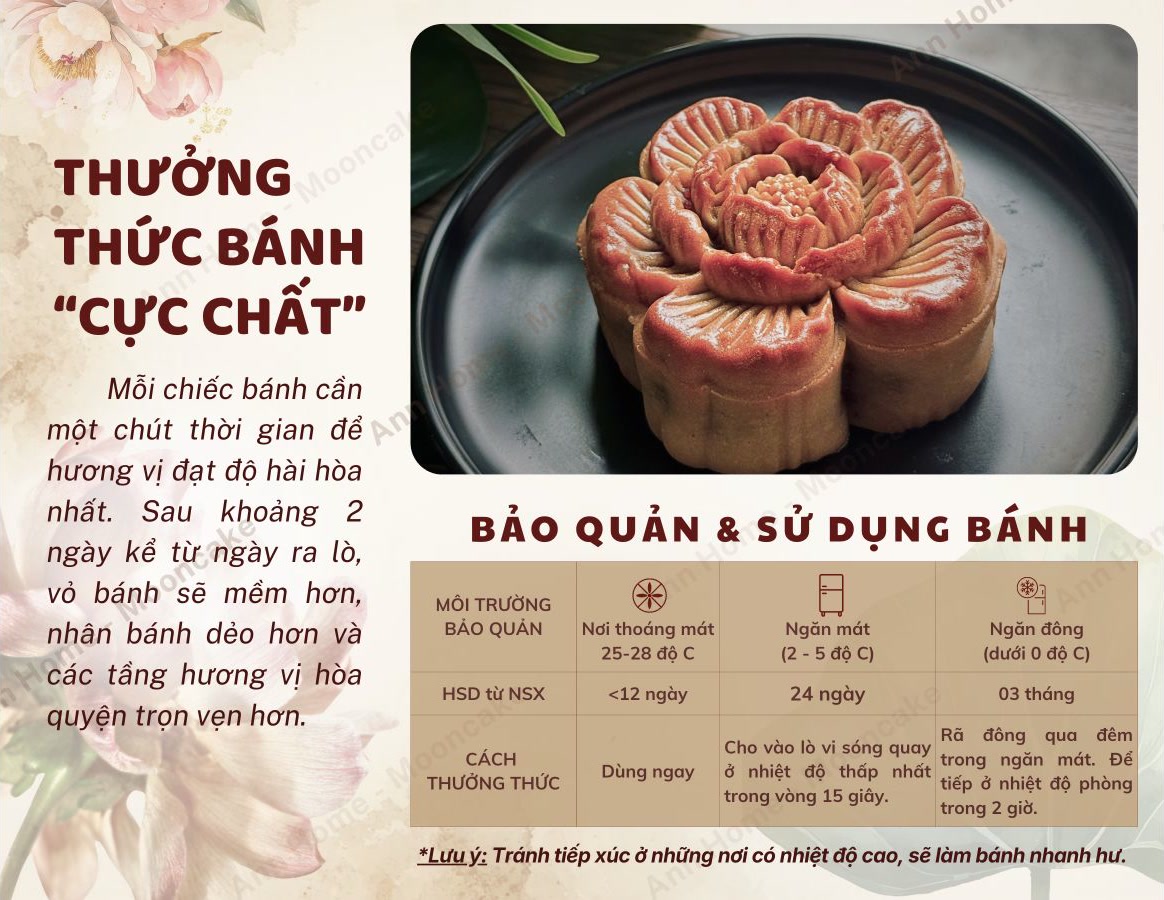 Thưởng thức bánh cực chất sau khoảng 2 ngày ra lò. Bảo quản: thoáng mát 25–28°C dưới 12 ngày; ngăn mát 2–5°C 24 ngày; ngăn đông dưới 0°C 3 tháng.