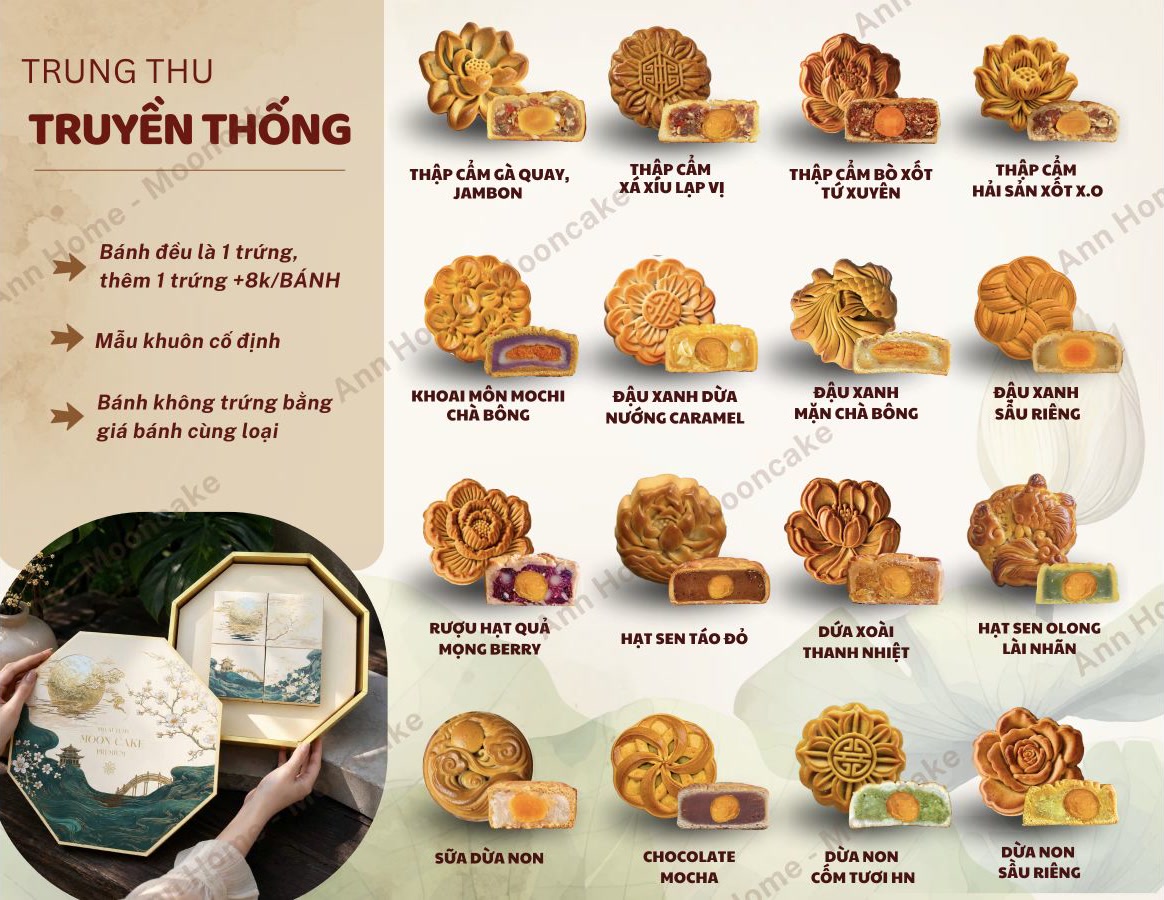 16 vị bánh Trung thu truyền thống Ann Home, mặc định 1 trứng, thêm trứng 8.000đ, khuôn cố định, không trứng cùng giá.