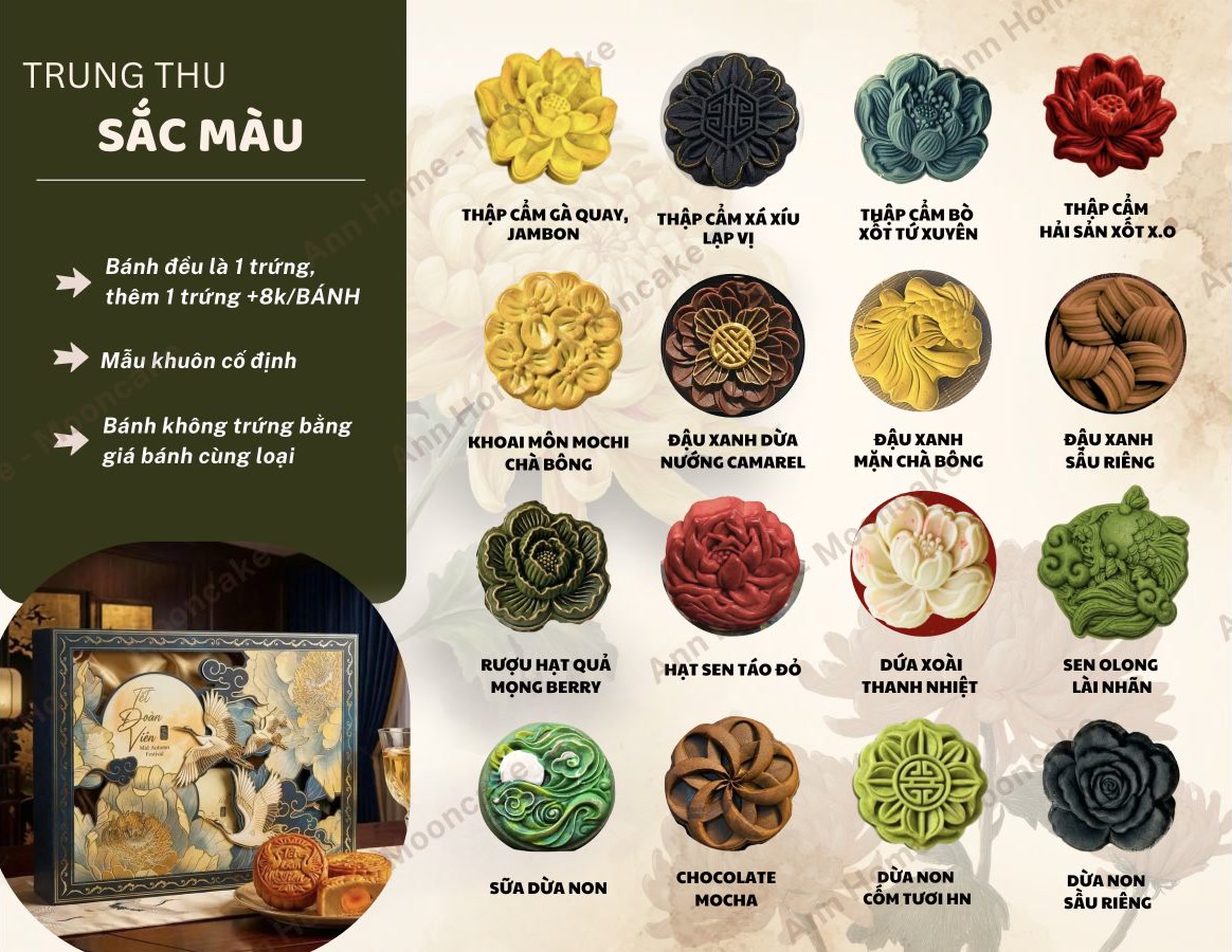 16 vị bánh Trung thu sắc màu Ann Home cùng bảng nhân với dòng truyền thống, khuôn cố định.