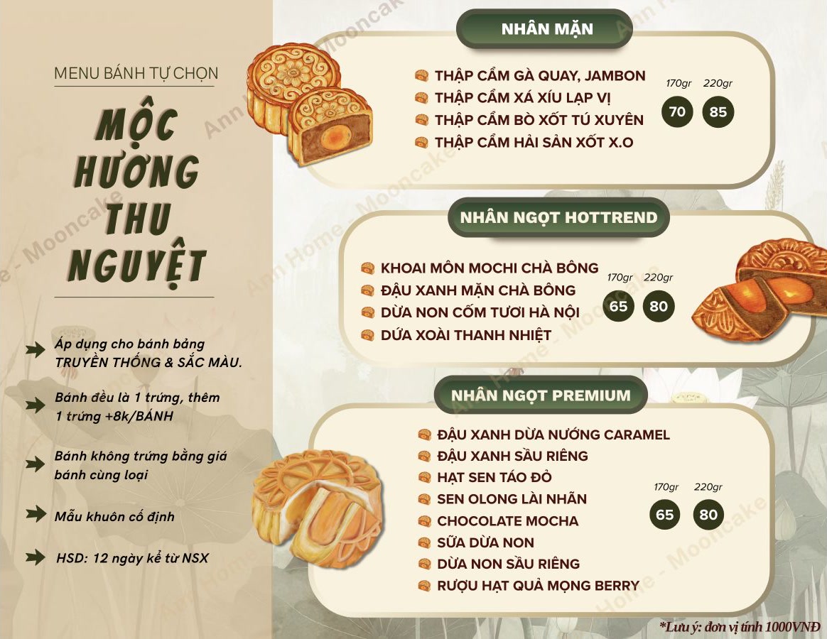Menu bánh tự chọn: nhân mặn 70–85 nghìn, nhân ngọt hot trend và premium 65–80 nghìn. Đơn vị 1.000 đồng. HSD 12 ngày từ ngày sản xuất.