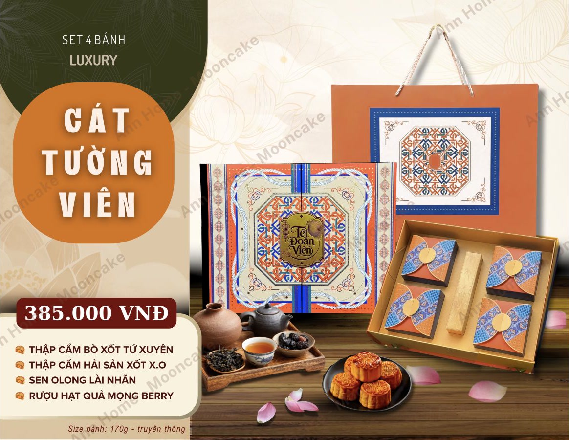 Set 4 bánh luxury Cát Tường Viên 385.000 đồng, bánh 170g truyền thống: thập cẩm bò sốt tứ xuyên, thập cẩm hải sản sốt X.O, sen olong lài nhãn, rượu hạt quả mọng berry.