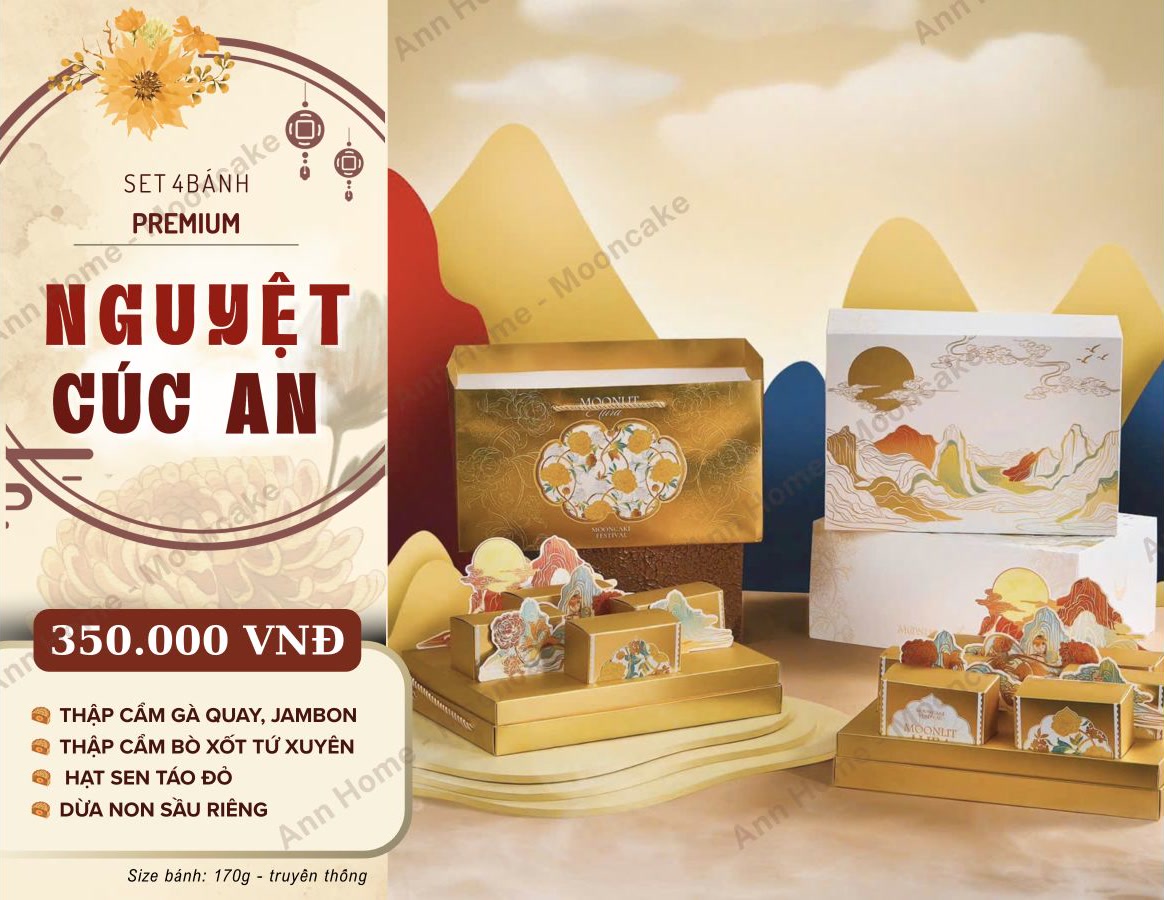 Set 4 bánh premium Nguyệt Cúc An 350.000 đồng, bánh 170g: thập cẩm gà quay jambon, thập cẩm bò sốt tứ xuyên, hạt sen táo đỏ, dừa non sầu riêng.