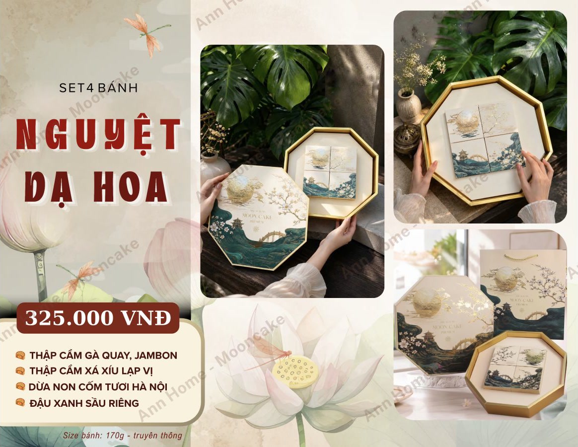 Set 4 bánh Nguyệt Dạ Hoa 325.000 đồng, bánh 170g: thập cẩm gà quay jambon, thập cẩm xá xíu lạp vị, dừa non cốm tươi Hà Nội, đậu xanh sầu riêng.
