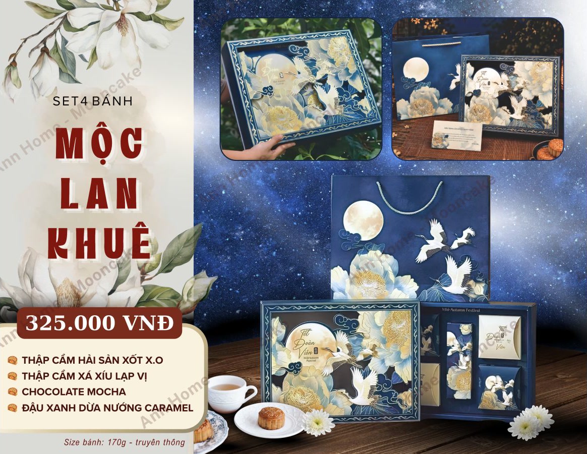 Set 4 bánh Mộc Lan Khuê 325.000 đồng, bánh 170g: thập cẩm hải sản sốt X.O, thập cẩm xá xíu lạp vị, chocolate mocha, đậu xanh dừa nướng caramel.