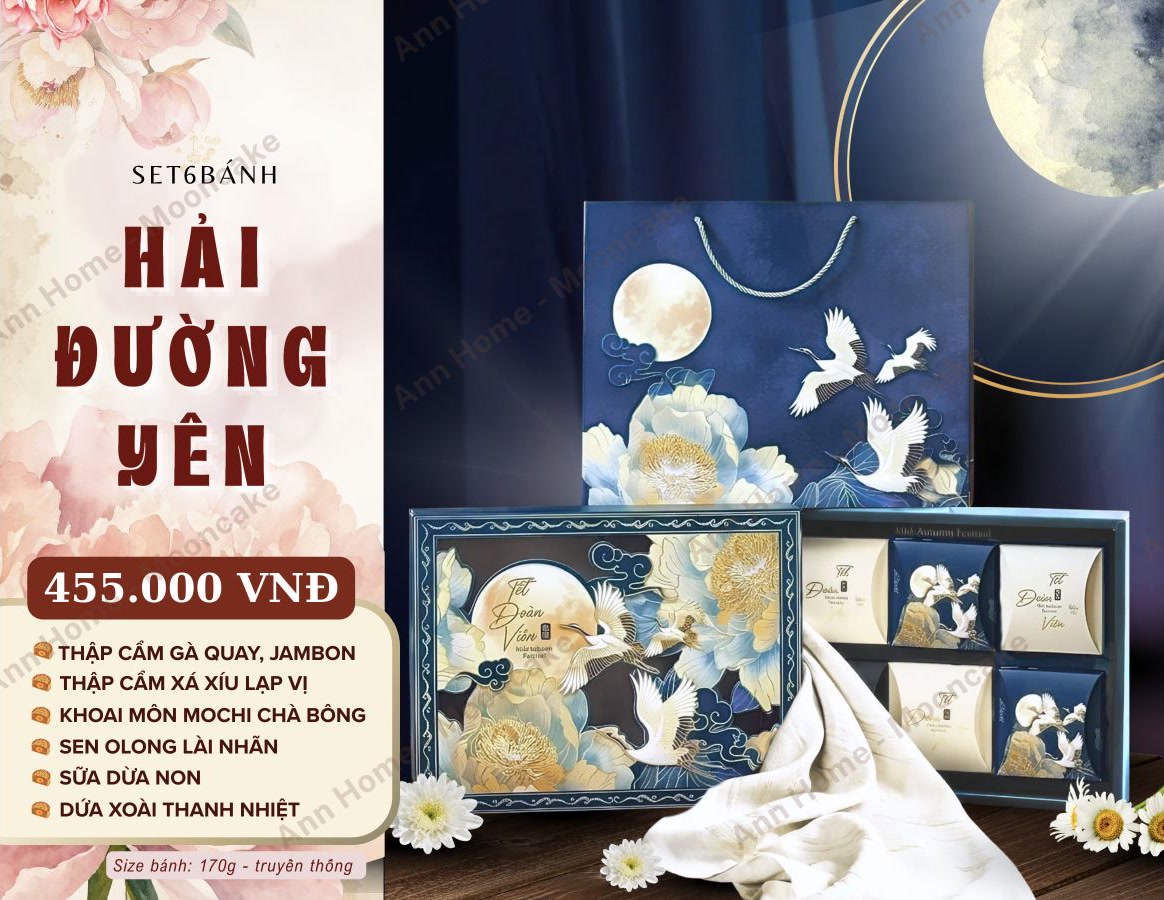 Set 6 bánh Hải Đường Yên 455.000 đồng, bánh 170g: thập cẩm gà quay jambon, thập cẩm xá xíu lạp vị, khoai môn mochi chà bông, sen olong lài nhãn, sữa dừa non, dứa xoài thanh nhiệt.