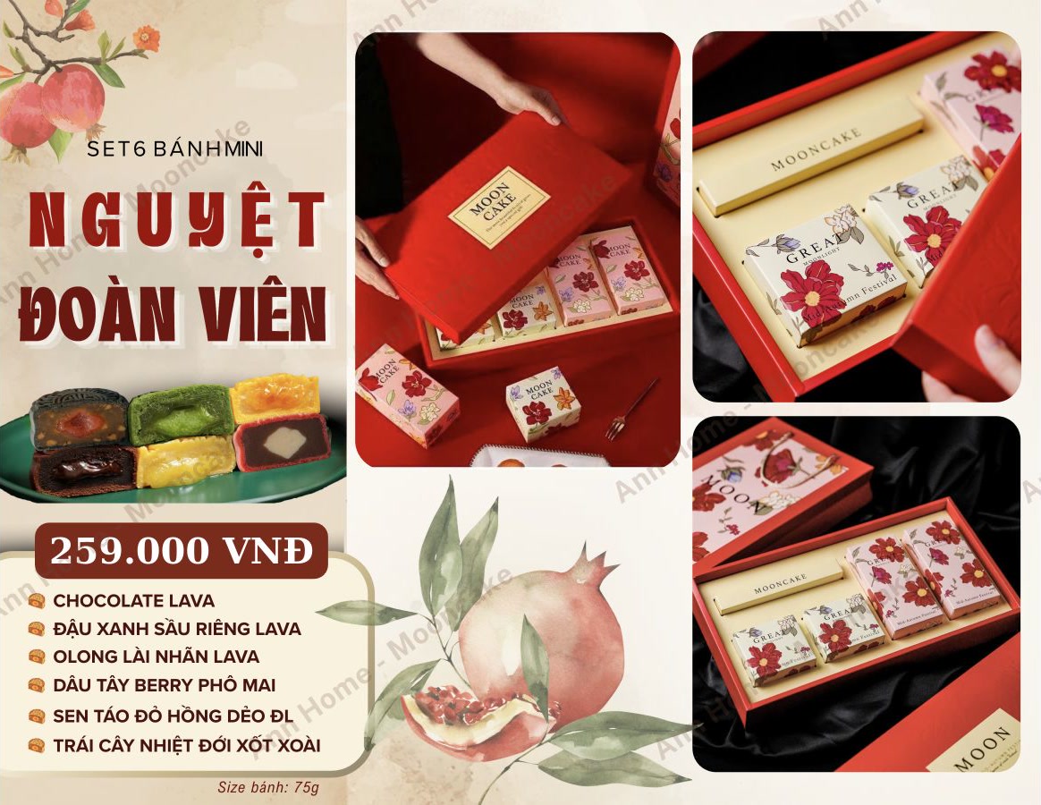 Set 6 bánh mini Nguyệt Đoàn Viên 259.000 đồng, bánh 75g: chocolate lava, đậu xanh sầu riêng lava, olong lài nhãn lava, dâu tây berry phô mai, sen táo đỏ hồng đào Đà Lạt, trái cây nhiệt đới sốt xoài.