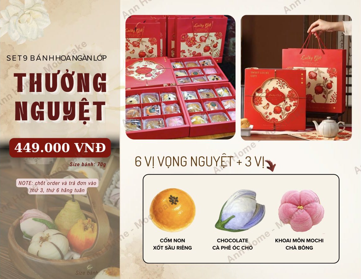 Set 9 bánh hoa ngàn lớp Thưởng Nguyệt 449.000 đồng, bánh 70g: 6 vị Vọng Nguyệt cộng cốm non sốt sầu riêng, chocolate cà phê óc chó, khoai môn mochi chà bông. Chốt đơn thứ 3 và thứ 6.