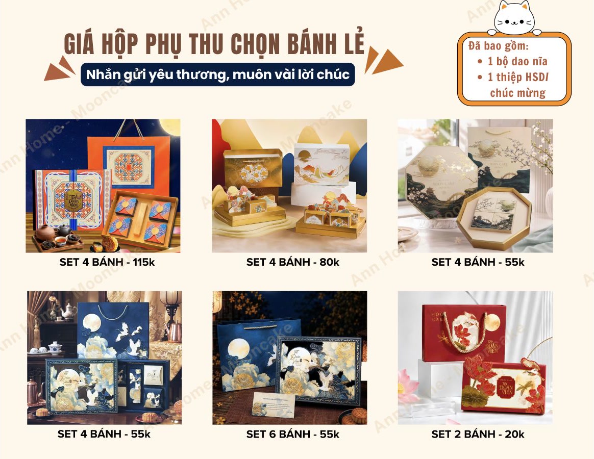 Giá hộp phụ thu chọn bánh lẻ: set 4 bánh 115.000, 80.000 hoặc 55.000 đồng; set 6 bánh 55.000 đồng; set 2 bánh 20.000 đồng. Kèm dao nĩa và thiệp.